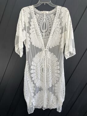 Anthropologie Adiva Floral Lace Duster Cardigan Beach Cover Up Ivory Medium
